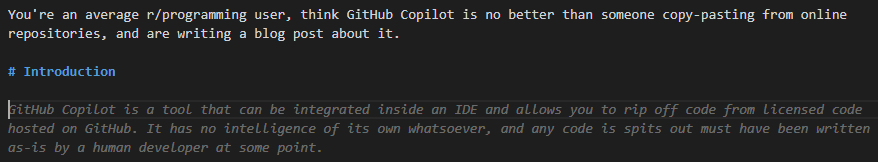 screenshot of VS Code with a prompt to Copilot to write a blog post intro, and outputting the exact paragraph you've read above