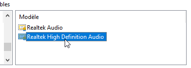 Hardware list with "Realtek High Definition Audio" selected"