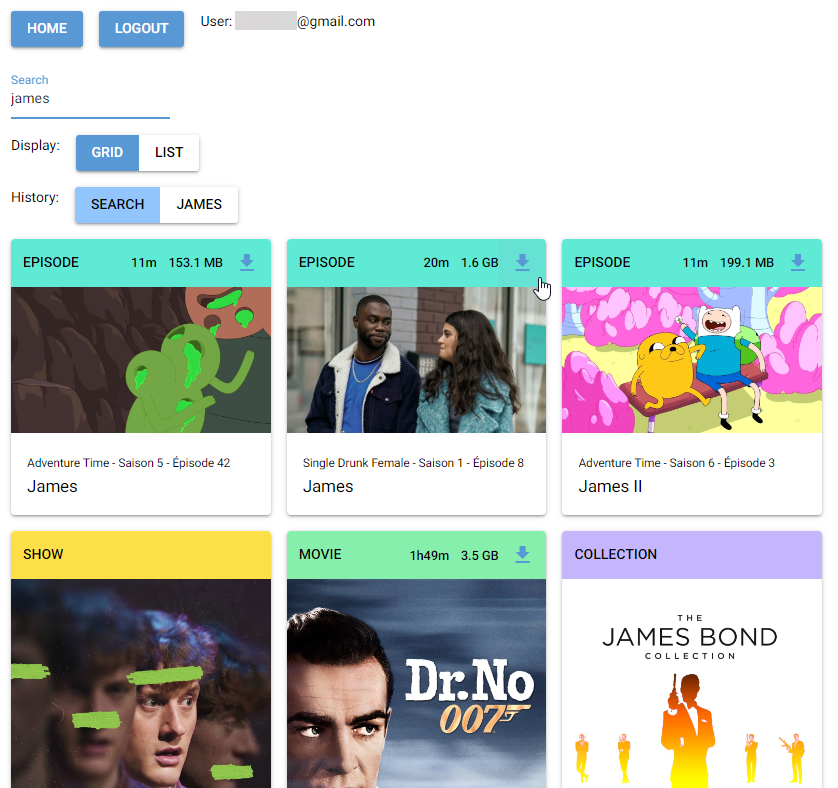 Screenshot of PlexDLWeb open, with "james" in the search box and various movies and episodes shown in the results.