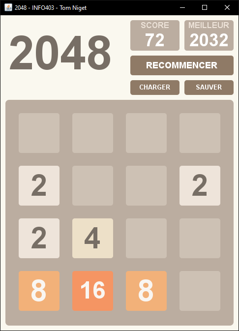 Screenshot of the Java version. It's a 2048 game, so a 4-by-4 grid of cells that can contain numbers (powers of 2). There's a region at the top with score and buttons.