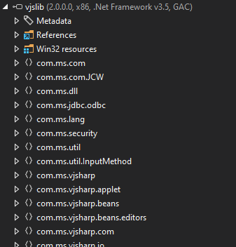 Screenshot of dotPeek decompiling the vjslib.dll assembly. Many namespaces are visible, all with Java-like package names such as com.ms.vjsharp.